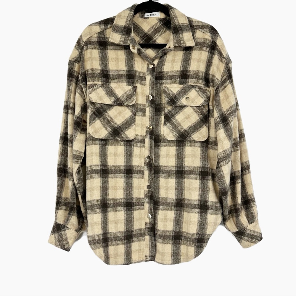 In Loom Plaid Shacket Beige Brown Oversized Button Down Shirt Jacket Small